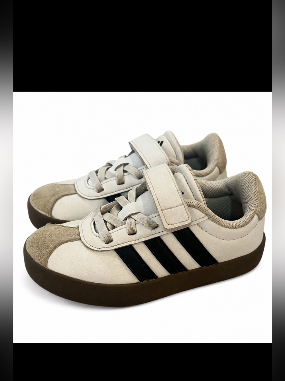 Adidas Kids White & Black Leather Sneakers Gum Sole Velcro Size 11K